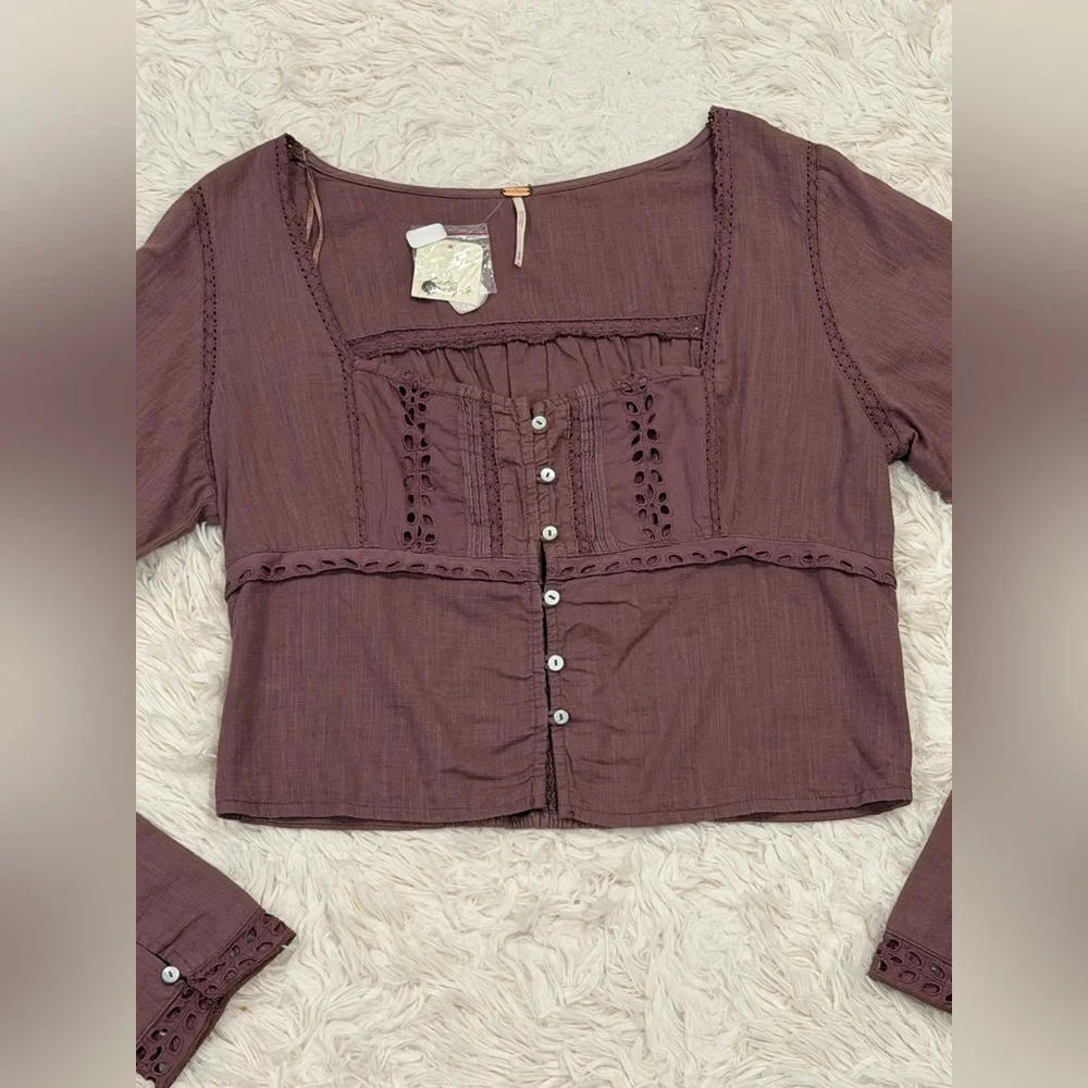 NEW Free People Joi Cropped Top Medium Eyelet Long Sleeve Peasant Boho Purple